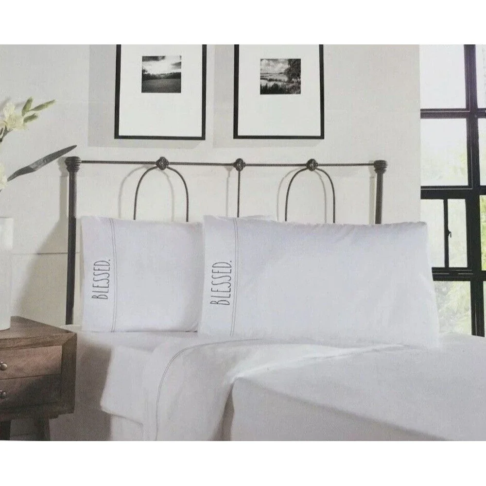 Rae Dunn Blessed Pillowcases Set of 2 Embroidered Standard White Cotton Percale